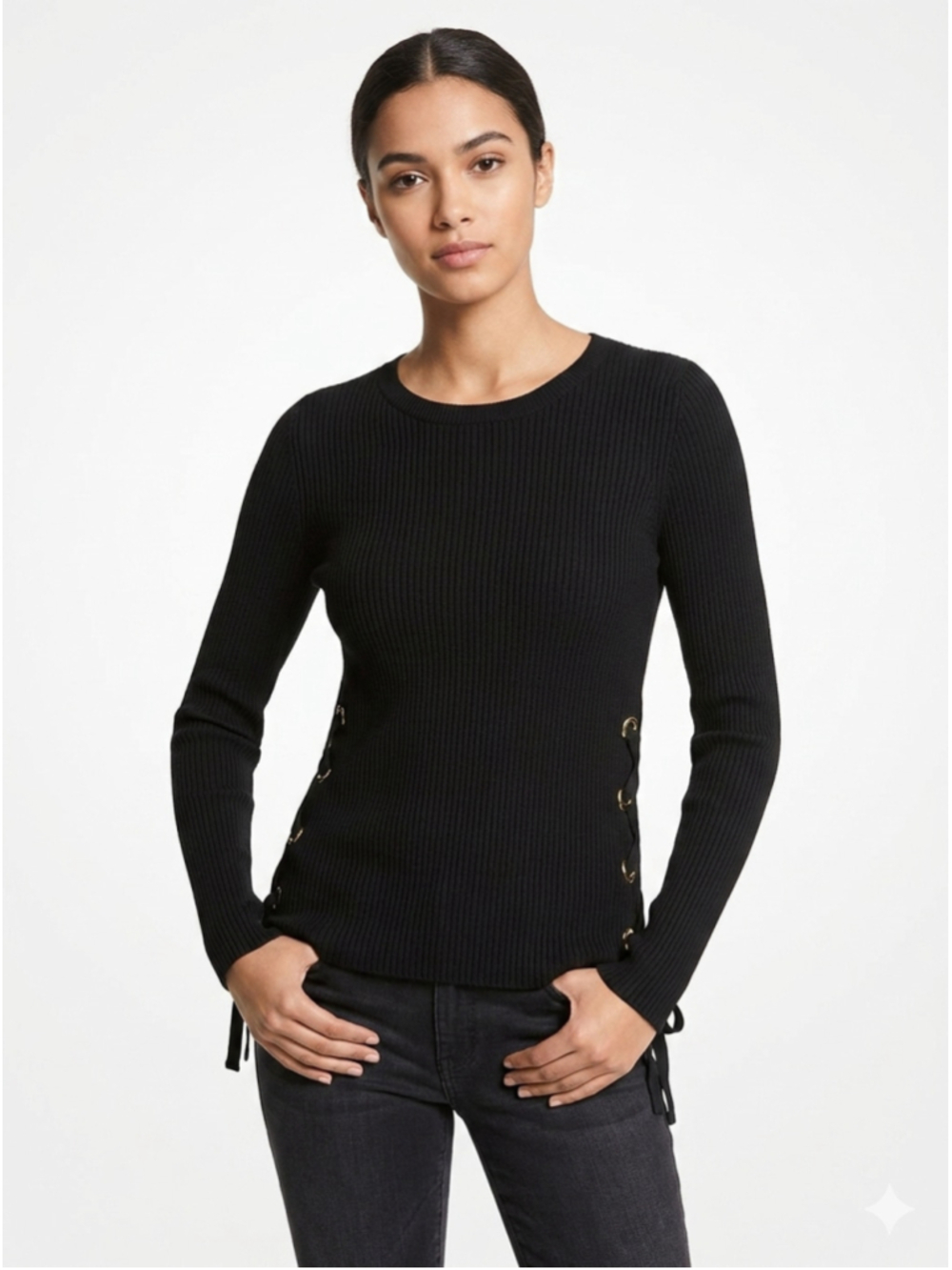 Women's Michael Kors Black Ribbed Sweater with Gold Grommets, Size L 1923